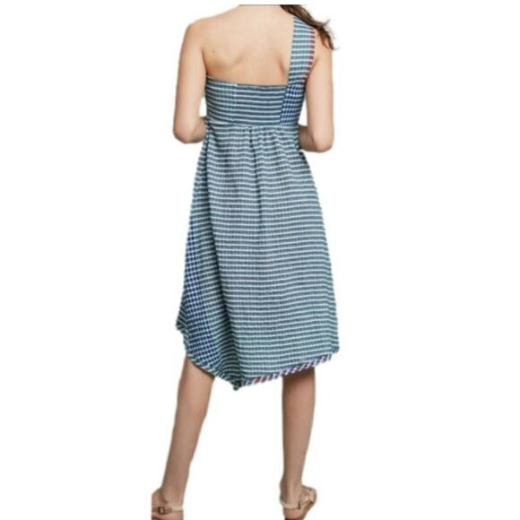 Anthropologie Maeve Waverly blue white plaid gingham one shoulder dress size 6 - Picture 14 of 14